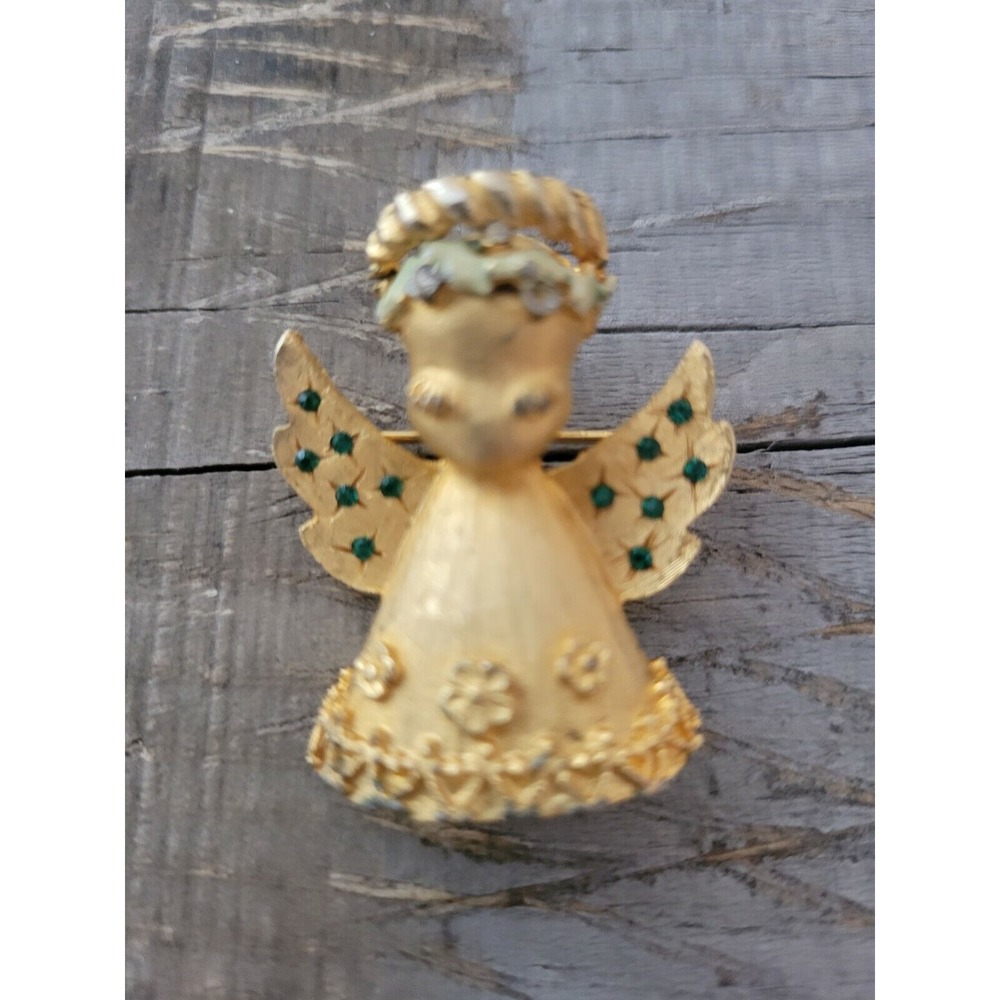 Vintage MYLU Gold tone With Blue Rhinestones ANGEL Pin Brooch Rare